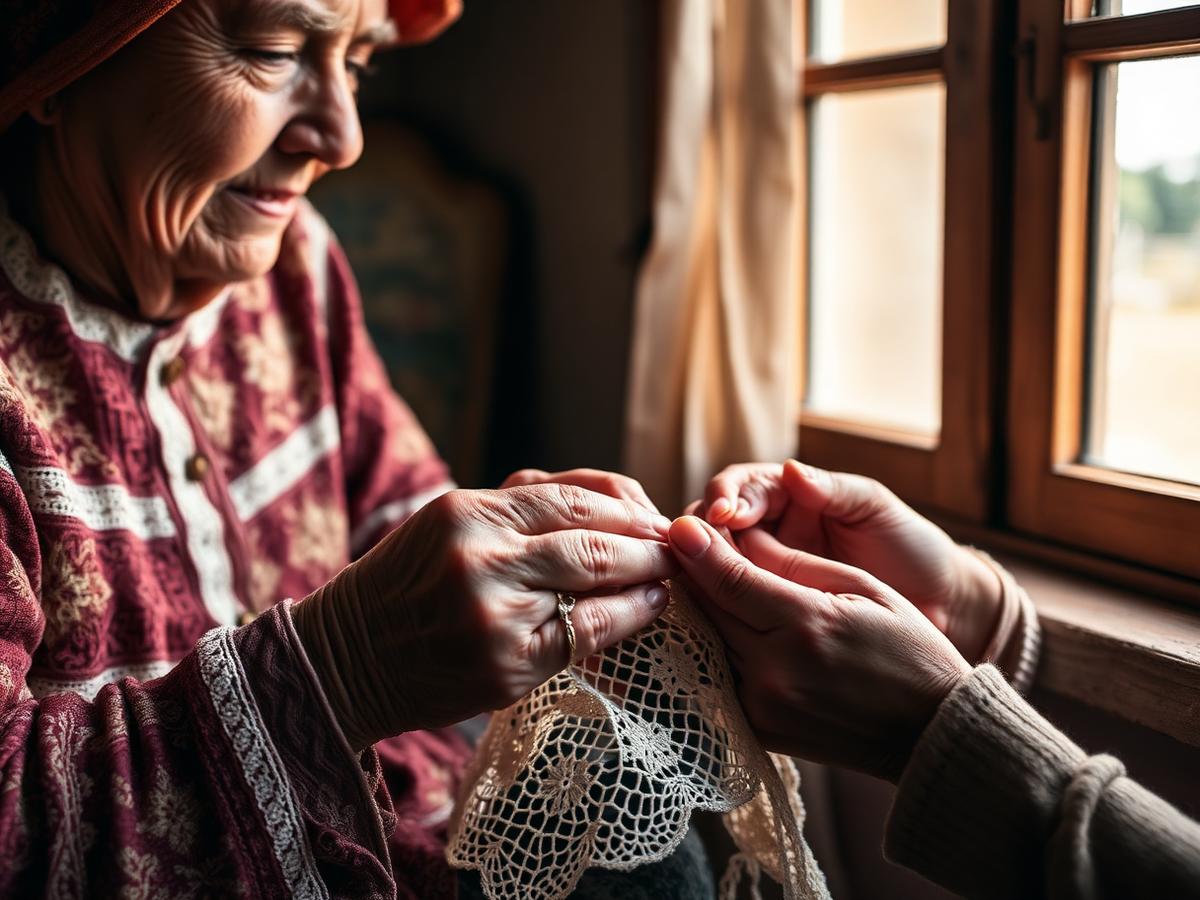 An older woman teaching a younger woman traditional crochet lacework by a window