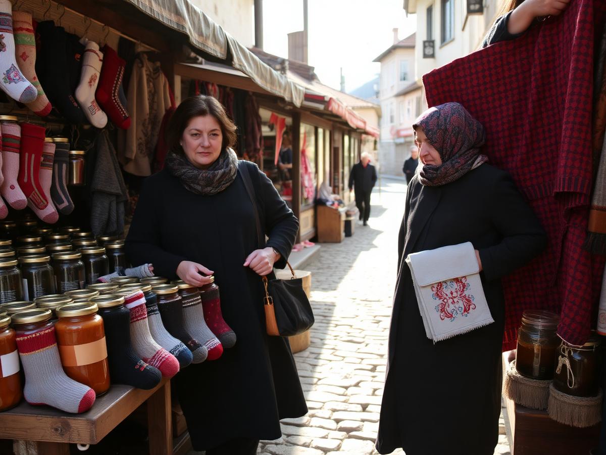 Women selling handmade woollen socks, preserves and embroidered textiles at a Bosnian market stall